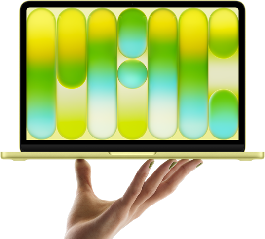 Otvorená ruka, ktorá na prstoch vyvažuje MacBook Neo v citrusovo žltej, na displeji sa zobrazuje abstraktný farebný vzor