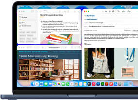 MacBook Neo v barvě indigo, rozepsaný uvítací e‑mail pro nového zaměstnance knihkupectví, ostatní okna uspořádaná do dlaždic zobrazují dokument o náboru v Poznámkách a zaměstnanecký webový portál knihkupectví v Safari