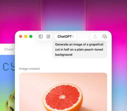 Obrazovka MacBooku Neo, ktorý používa ChatGPT na vygenerovanie obrázka grepu, v druhom okne je v apke Keynote obrázok artičoky s farebným prechodom na pozadí