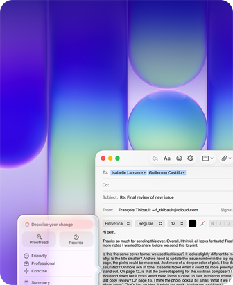 Obrazovka MacBooku Neo s ukážkou použitia Nástrojov na písanie Apple Intelligence v apke Mail na zrevidovanie dlhého odseku v e-maile, ktorý obsahuje spätnú väzbu k publikácii