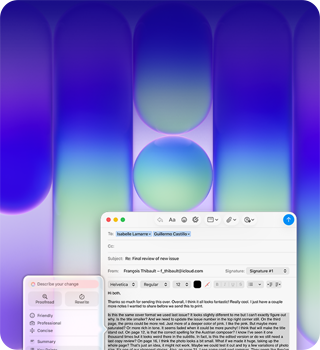 Obrazovka MacBooku Neo s ukážkou použitia Nástrojov na písanie Apple Intelligence v apke Mail na zrevidovanie dlhého odseku v e-maile, ktorý obsahuje spätnú väzbu k publikácii