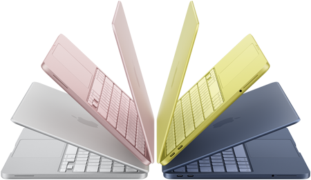 Pootvorené MacBooky Neo v striebornej, rumencovej, citrusovej a indigovej farbe usporiadané do oblúka