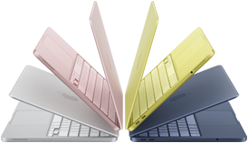 Pootvorené MacBooky Neo v striebornej, rumencovej, citrusovej a indigovej farbe usporiadané do oblúka