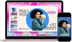 MacBook Neo v rumencovej farbe vedľa iPhonu, na obrazovke MacBooku Neo je prezentácia s názvom Skúškový týždeň a Zvieratková terapia s fotkou človeka, ktorý drží králika, na displeji iPhonu je tá istá fotka, z ktorej bola vytvorená nálepka, aby sa dala použiť v prezentácii
