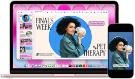 MacBook Neo v rumencovej farbe vedľa iPhonu, na obrazovke MacBooku Neo je prezentácia s názvom Skúškový týždeň a Zvieratková terapia s fotkou človeka, ktorý drží králika, na displeji iPhonu je tá istá fotka, z ktorej bola vytvorená nálepka, aby sa dala použiť v prezentácii