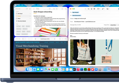 MacBook Neo v indigovej farbe, na obrazovke je rozpísaný uvítací e-mail pre nového zamestnanca kníhkupectva, ostatné okná usporiadané do dlaždíc zobrazujú dokument o nábore v Poznámkach a zamestnanecký webový portál kníhkupectva v Safari