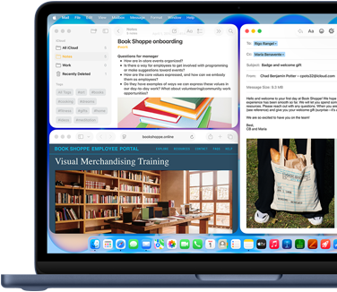 MacBook Neo v indigovej farbe, na obrazovke je rozpísaný uvítací e-mail pre nového zamestnanca kníhkupectva, ostatné okná usporiadané do dlaždíc zobrazujú dokument o nábore v Poznámkach a zamestnanecký webový portál kníhkupectva v Safari