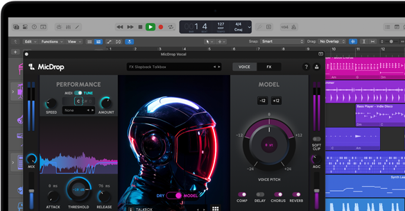 Obsah na obrazovce s ukázkou softwaru MicDrop, který pomocí AI upravuje vokální nahrávku na MacBooku Pro