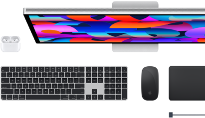 Doplňky k Macu: AirPody, Studio Display, Magic Keyboard, Magic Mouse, Magic Trackpad, vesmírně černý MagSafe nabíjecí kabel