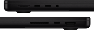 Porty MacBooku Pro – levá strana: MagSafe 3, dva porty Thunderbolt, sluchátkový konektor – pravá strana: slot na karty SDXC, jeden port Thunderbolt, HDMI