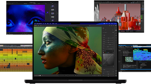 Rôznorodý farebný obsah obrazovky z apiek na produkciu hudby, úpravu videa, 3D animáciu a úpravu fotiek na Macu, čo znázorňuje výkonný grafický výkon
