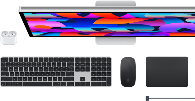 Doplnky k Macu: AirPods, Studio Display, Magic Keyboard, Magic Mouse, Magic Trackpad, nabíjací kábel MagSafe v kozmickej čiernej farbe 