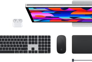 Doplnky k Macu: AirPods, Studio Display, Magic Keyboard, Magic Mouse, Magic Trackpad, nabíjací kábel MagSafe v kozmickej čiernej farbe 