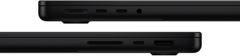 Porty na MacBooku Pro – ľavá strana: MagSafe 3, dva porty Thunderbolt a konektor na slúchadlá – pravá strana: slot na kartu SDXC, jeden port Thunderbolt a port HDMI