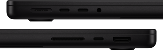 Porty na MacBooku Pro – ľavá strana: MagSafe 3, dva porty Thunderbolt a konektor na slúchadlá – pravá strana: slot na kartu SDXC, jeden port Thunderbolt a port HDMI