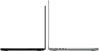 14‑palcový a 16‑palcový MacBook Pro umiestnené zadnou stranou veka k sebe, aby vynikol rozdiel v ich veľkosti a úzky profil