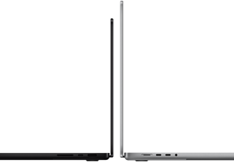 14‑palcový a 16‑palcový MacBook Pro umiestnené zadnou stranou veka k sebe, aby vynikol rozdiel v ich veľkosti a úzky profil