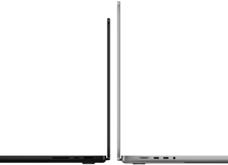 14‑palcový a 16‑palcový MacBook Pro umiestnené zadnou stranou veka k sebe, aby vynikol rozdiel v ich veľkosti a úzky profil