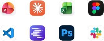 Ikony aplikací Microsoft PowerPoint, Claude od Anthropicu, Microsoft Excel, Figma, Visual Studio Code, LM Studio, Adobe Photoshop a Slack