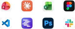 Ikony aplikací Microsoft PowerPoint, Claude od Anthropicu, Microsoft Excel, Figma, Visual Studio Code, LM Studio, Adobe Photoshop a Slack