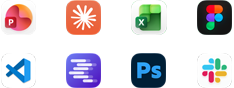 Ikony aplikací Microsoft PowerPoint, Claude od Anthropicu, Microsoft Excel, Figma, Visual Studio Code, LM Studio, Adobe Photoshop a Slack