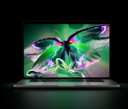 Otevřený stříbrný MacBook Pro s PROLED XDR displejem, na kterém je detailní, vysoce kontrastní obrázek s živými barvami, obrazovka osvěcuje klávesnici