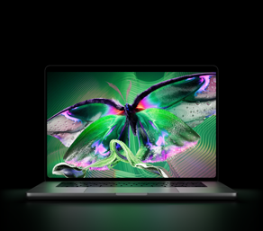 Otevřený stříbrný MacBook Pro s PROLED XDR displejem, na kterém je detailní, vysoce kontrastní obrázek s živými barvami, obrazovka osvěcuje klávesnici