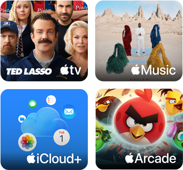 Čtyři dlaždice, dlaždice Apple TV znázorňuje postavy ze seriálu Ted Lasso, dlaždice Apple Music zobrazuje grafiku alba „5ive“ od zpěváka Davido, dlaždice iCloudu Plus znázorňuje mrak obklopený ikonami aplikací Fotky, Kalendář, Mail, Připomínky, Zprávy a Soubory, dlaždice Apple Arcade znázorňuje postavičky ze hry Angry Birds