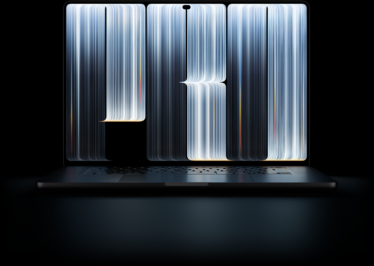 Vesmírně černý MacBook Pro s PROLED XDR displejem, na obrazovce jsou objekty podobné stuhám se vzorem tvořeným tenkými zářivými proužky různých šířek, které vyplňují písmena slova Pro