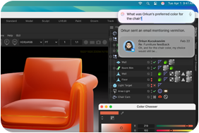 Rozpracovaný návrh křesla ve 3D aplikaci a Siri předávající odpověď ChatuGPT na dotaz ohledně textur pryskyřice