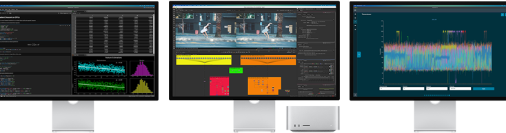 Mac Studio a tři Studio Displaye, každý má na obrazovce jinou macOS aplikaci