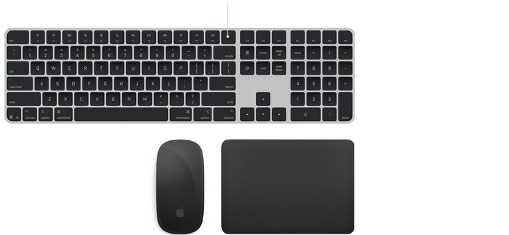 Magic doplňky: Magic Keyboard s Touch ID, Magic Mouse a Magic Trackpad vedle sebe, všechny ve vesmírně šedé