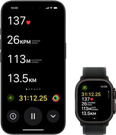 Živá aktivita se zobrazením cyklistických ukazatelů na hodinkách Ultra 2 i na iPhonu