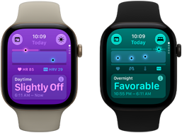 Dvoje Apple Watch Series 12: pouzdro ze světle zlatého hliníku, denní životní funkce s údaji o mírných odchylkách, pískový sportovní řemínek, pouzdro z černého hliníku, příznivé údaje nočních životních funkcí, korunka Digital Crown, černý sportovní řemínek