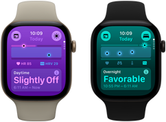 Dvoje Apple Watch Series 12: pouzdro ze světle zlatého hliníku, denní životní funkce s údaji o mírných odchylkách, pískový sportovní řemínek, pouzdro z černého hliníku, příznivé údaje nočních životních funkcí, korunka Digital Crown, černý sportovní řemínek