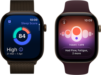 Apple Watch Series 12, pouzdro z tmavě bronzového hliníku, kruhový graf spánkového skóre, korunka Digital Crown, tmavě bronzový milánský tah
