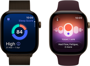 Apple Watch Series 12, pouzdro z tmavě bronzového hliníku, kruhový graf spánkového skóre, korunka Digital Crown, tmavě bronzový milánský tah
