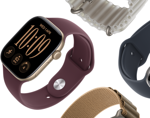 Řemínky k Apple Watch Series 11: mlžně fialový sportovní řemínek, ocelově modrý Oceánský řemínek, světle modrý Alpský tah