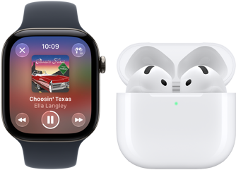 Apple Watch Series 12, černé hliníkové pouzdro, černý sportovní řemínek, otevřená aplikace Hudba, spárované s AirPody 4