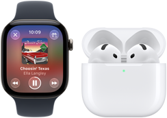 Apple Watch Series 12, černé hliníkové pouzdro, černý sportovní řemínek, otevřená aplikace Hudba, spárované s AirPody 4