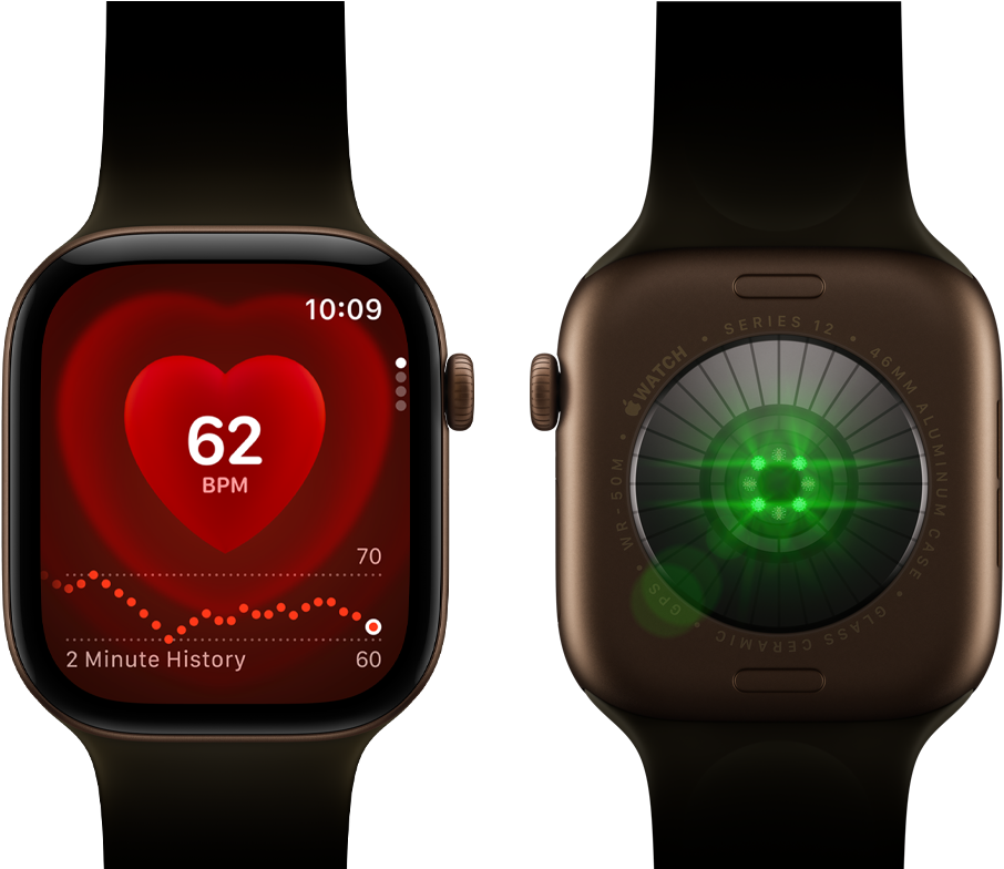 Dvoje Apple Watch Series 12, pouzdro z tmavě bronzového hliníku s olivovým sportovním řemínkem, na jedněch aplikace Srdeční tep, na druhých na zadní straně systém sledování zdraví se svítícími zelenými LED diodami
