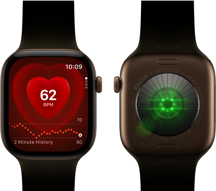 Dvoje Apple Watch Series 12, pouzdro z tmavě bronzového hliníku s olivovým sportovním řemínkem, na jedněch aplikace Srdeční tep, na druhých na zadní straně systém sledování zdraví se svítícími zelenými LED diodami