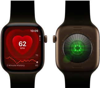 Dvoje Apple Watch Series 12, pouzdro z tmavě bronzového hliníku s olivovým sportovním řemínkem, na jedněch aplikace Srdeční tep, na druhých na zadní straně systém sledování zdraví se svítícími zelenými LED diodami