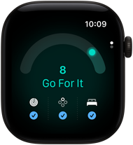Apple Watch Series 12, pouzdro z černého hliníku, skóre připravenosti 8, na pravém boku korunka Digital Crown