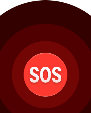Ikona tísňového SOS volání, vnořené červené kruhy s bílým SOS uprostřed