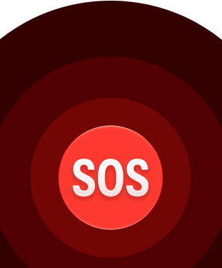 Ikona tísňového SOS volání, vnořené červené kruhy s bílým SOS uprostřed