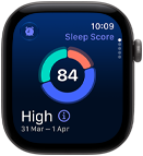 Apple Watch Series 12, pouzdro z vesmírně šedého hliníku, kruhový graf spánkového skóre, na pravém boku korunka Digital Crown