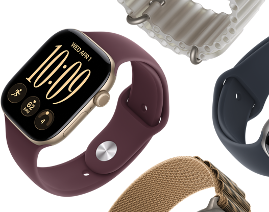 Řemínky k Apple Watch Series 11: mlžně fialový sportovní řemínek, ocelově modrý Oceánský řemínek, světle modrý Alpský tah