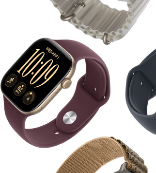 Řemínky k Apple Watch Series 11: mlžně fialový sportovní řemínek, ocelově modrý Oceánský řemínek, světle modrý Alpský tah