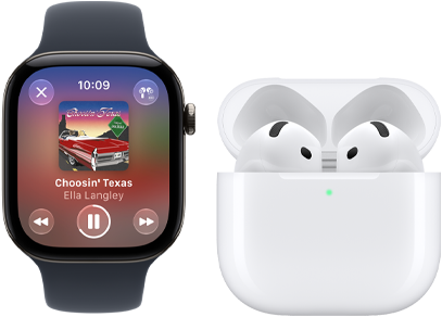 Apple Watch Series 12, černé hliníkové pouzdro, černý sportovní řemínek, otevřená aplikace Hudba, spárované s AirPody 4